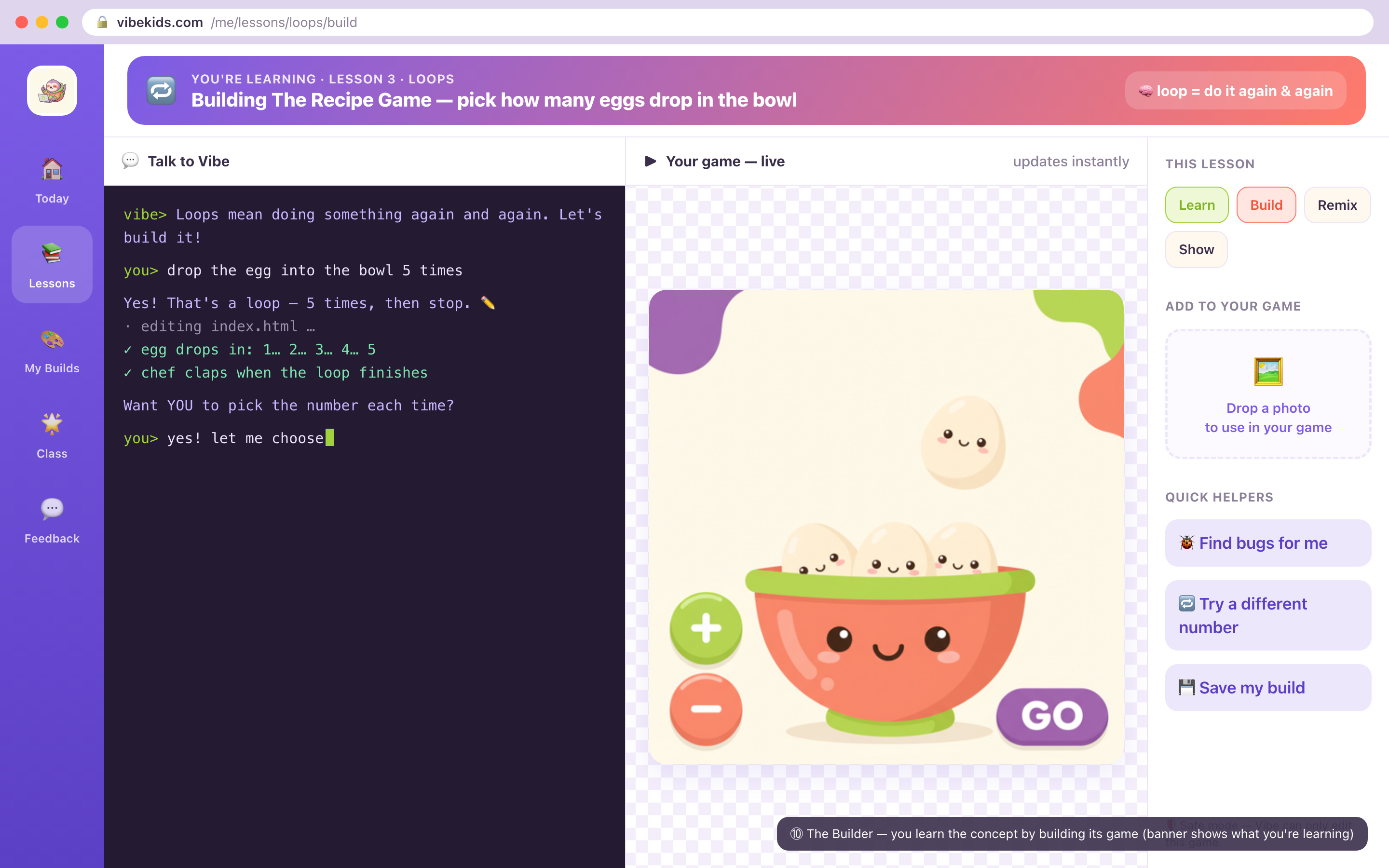 Vibekids builder: a kid chats with the AI to build a 'Recipe Game' that runs live, with a Learn / Build / Remix lesson panel.